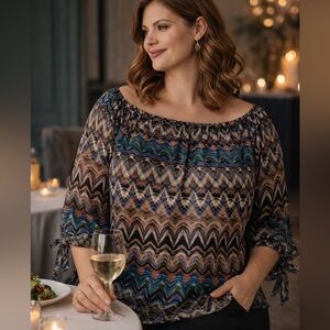 Roz & Ali Sheer Abstract Chevron Blouse Women’s 3X Smocked Neck Tie Sleeves